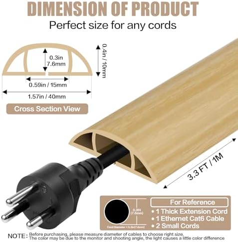 Floor Cord Cover Self Adhesive Cord Hider,3.3FT Cable Management, Extension Strip Protector for Wires, Prevent Cable Trips for Offices, Gyms, Exhibitions Cavity:0.51"(W) x0.3(H) WoodLightyellow - Image 2