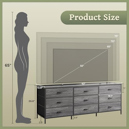 Huuger 63 Inch Dresser for Bedroom, Long Dresser for Closet with 9 Drawers, Large TV Stand for 55, 65, 70 Inch TV, Entertainment Center with Storage, Wide Chest of Drawers, Grey - Image 3