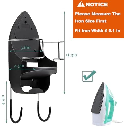 DOUBLE 2 C Ironing Board Hanger Wall Mount Electric Iron Holder Iron and Ironing Board Storage Organizer Shelf with Removable Hooks for Household Bathroom Laundry Room (Black) - Image 3