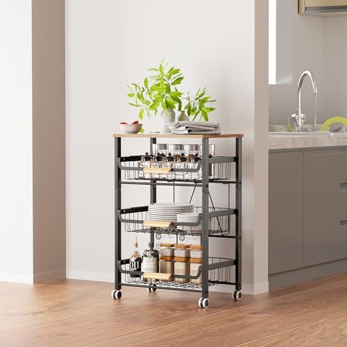 NiuYichee 4-Layer Fruit Basket Kitchen Food Storage Organizer and Storage Rack, Stackable Storage cart with Desktop, Pull-Out Hollow Metal Storage Basket, liding Out Storage,White - Image 6