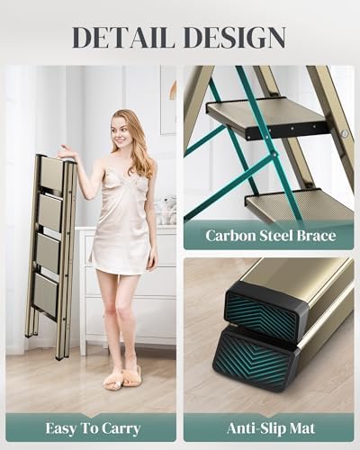 4 Step Ladder, Foldable Aluminum Step Stool with Anti-Slip Pedal - Image 3