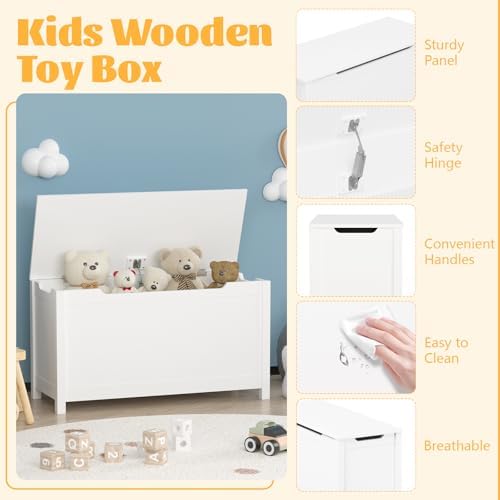 Kids Toy Box Chest, Large Wooden Storage Trunk Bench with Safety Hinged Lid for Ages 3+ White - Image 4
