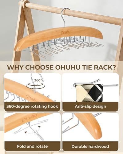 Ohuhu 24-Hook Wooden Tie Rack, 360° Rotating Rustproof Closet Hanger - Image 6