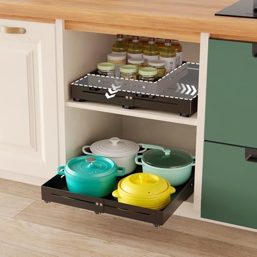 Pull out Cabinet Organizer, Full Metal Expandable Width (14.8"-20.8") & Depth (12.4"-17.7") Adjustable Slide out Drawers, No Drill Adhesive Roll out Shelves for Kitchen Pantry, Black by AmzAgeHomeKitchen