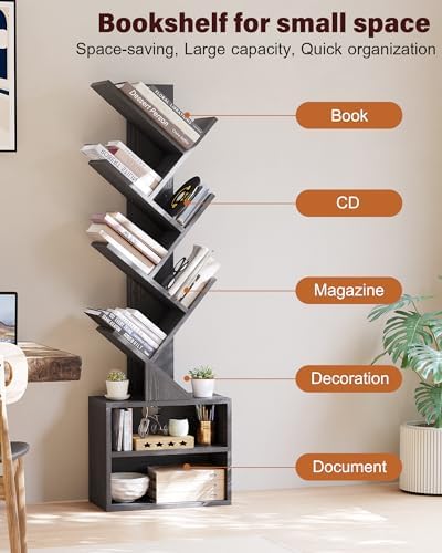 SUNMORY 6 Tier Tree Bookshelf, Tall Small Bookcase with Storage Cabinet - Image 3