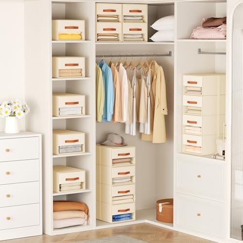 DIMJ Closet Organizers and Storage - Pull-out Fabric Bins with Drawers for Closet Foldable Clothes Organizers with Clear Window, Stackable Storage Drawers for Bedroom,Living Room,Shelf,4-Pack, Beige - Image 2