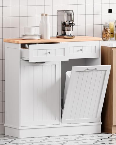 Betterhood 2 x 10 Gallon Tilt Out Trash Cabinet with 2 Big Storage Drawer, Solid Wooden Trash Garbage Can Cabinet, Mid-Century Modern Recycling Cabinet & Laundry Sorter for Kitchen Dining Room, White by Betterhood