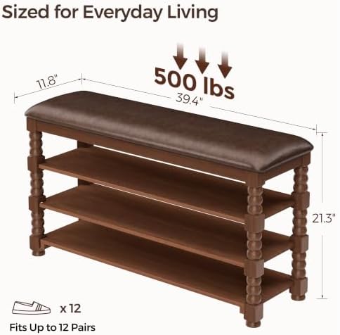Homleke 39.4" Wide Solid Wood Shoe Rack Bench with Classic Turned Ball Legs - Image 3