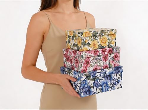 3-Piece Decorative Storage Boxes with Lids, Watercolor Floral Design Inspired by Garden Blooms, Cardboard Keepsake Box Set, Photo & Memory Storage for Home Decor and Modern Organization - Image 3
