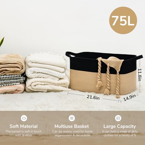 Goodpick Large Woven Blanket Basket, Rectangle, Black & Camel - Image 3