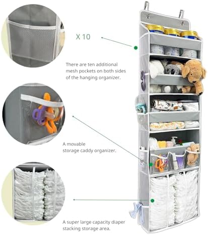 Door Hanging Storage Organizer,with 3 Bins 1 Movable Baby Diaper Caddy,1 Large capacity diaper stacking storage Organizer,10 Side Pockets ,Bedroom Door Storage for Nursery Baby Essentials.Grey 1 Pack. - Image 3