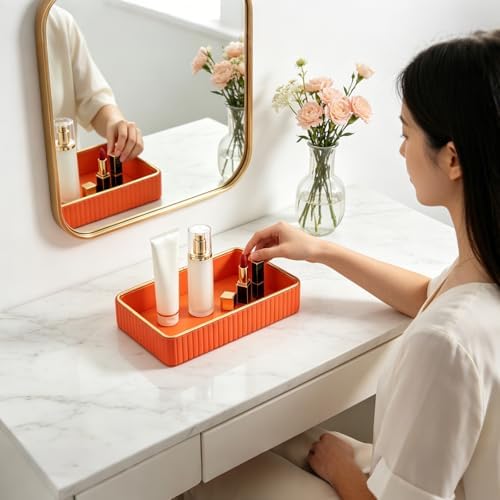 PU Leather Valet Tray,Desk Organizer Tray Nightstand Organizer Trinket Dish Storage Key Bowl Decorative Trays for Phone Wallet Jewelry Watch Bathroom Bedroom Perfume Vanity Trays,Orange - Image 2