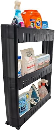 Slim Rolling Storage Cart - Narrow Slide Out Shelving Utility Cart - Mobile Storage for Laundry, Bathroom, Kitchen & Between Washer and Dryer (Black, 3 Tier) by 5+STAR+SUPER+DEALS