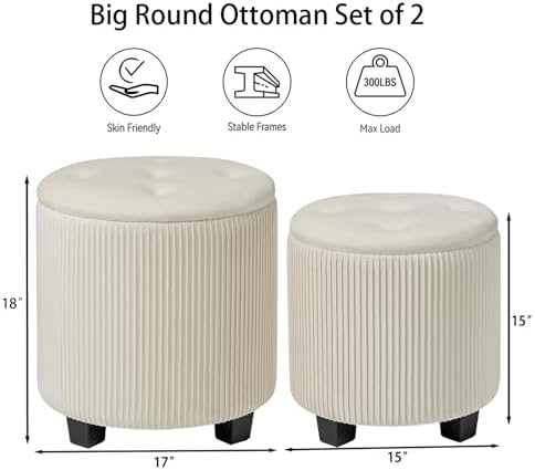 BLEXA Big Round Ottoman with Storage Set of 2, Velvet Makeup Vanity Stool - Image 3