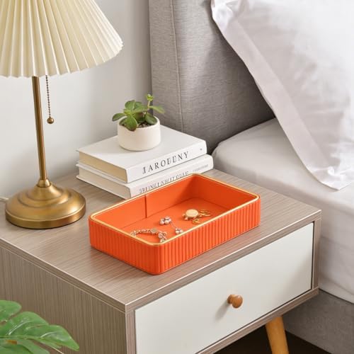 PU Leather Valet Tray,Desk Organizer Tray Nightstand Organizer Trinket Dish Storage Key Bowl Decorative Trays for Phone Wallet Jewelry Watch Bathroom Bedroom Perfume Vanity Trays,Orange - Image 5