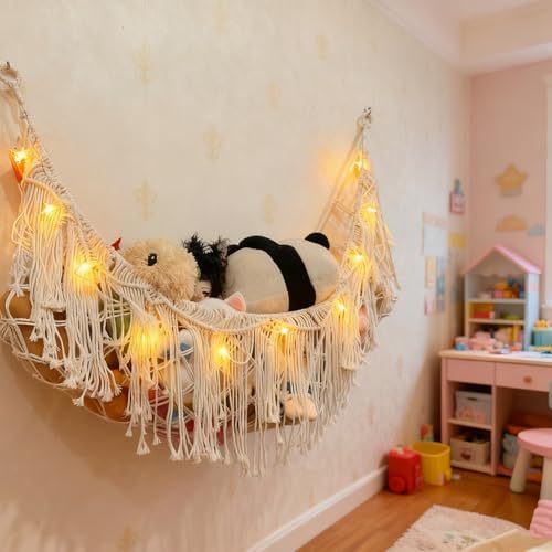 Stuffed Animal Hammock or Net With LED Lights Extra Large Wall Hanging Stuffed Animal Storage Nets for Teddy Bear Handmade Macrame Hanging Toy Net Hammock for Stuffed Animal Storage (Beige) - Image 4
