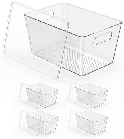 Clear Stackable Fridge Organizer with Lids, 4 Pack Large 11.5×7.5×6 Inch by KJIXYUNG