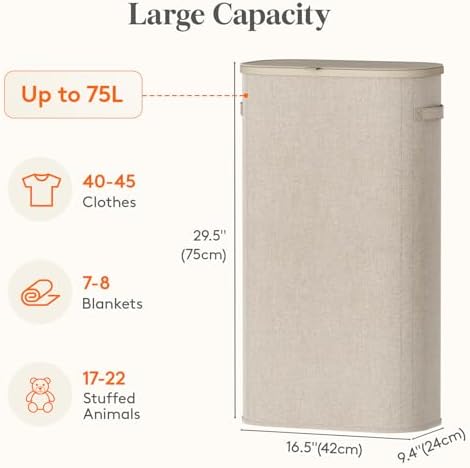 Lifewit Slim Laundry Basket with Lid and Removable Bag, 75L, Beige - Image 3