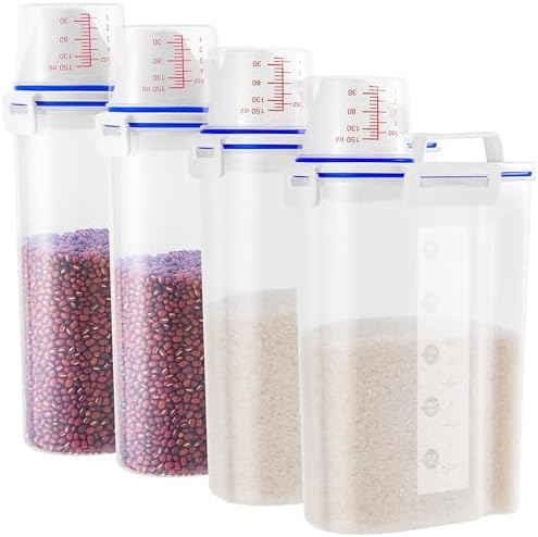 4 Pcs Set Rice Storage Container 5.5lb, Rice Dispenser with Measuring Cup & Pour Spout for Flour Pasta Grain Pet Dog Cat Bird Food Storage Container by HNNJCK