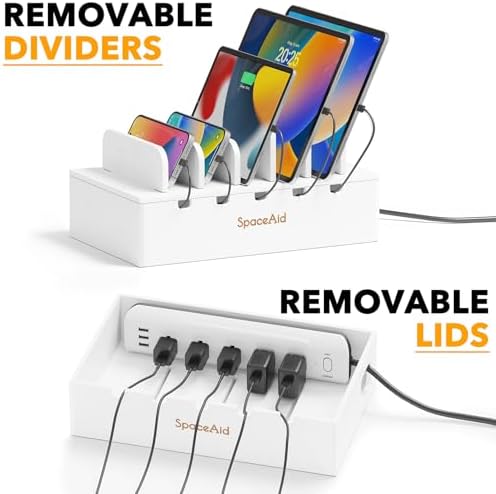 SpaceAid Bamboo Charging Station for Multiple Devices, Cell Phone Docking Stations for Multi Laptop, Tablets and iPads, Nightstand Bedside Desk Device Charger Organizer (White) - Image 3