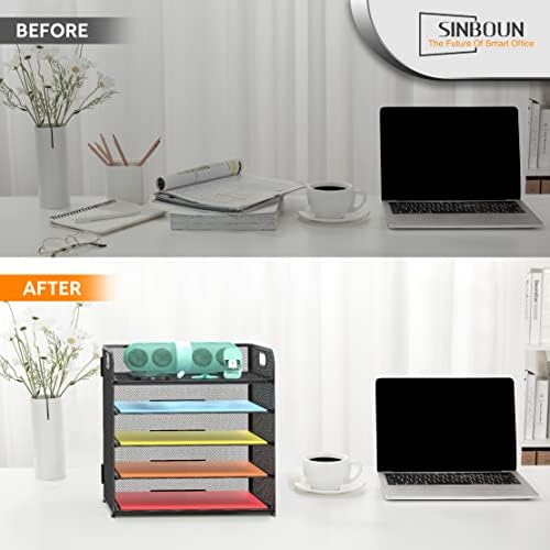 2 Pack Letter Tray 5-Tier Desk Organizer File Paper Holder with Handle, Metal Desktop Document Shelf Tray Office Classroom Organization - Black - Image 4