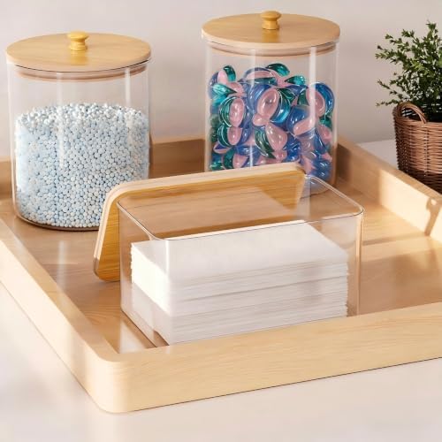 HomePekite Glass Laundry Pods Storage Container & Acrylic Dryer Sheet Holder, Laundry Room Organization and Storage, Detergent Powder Container, with Wooden Lids & Labels, 3+1 Pack - Image 2