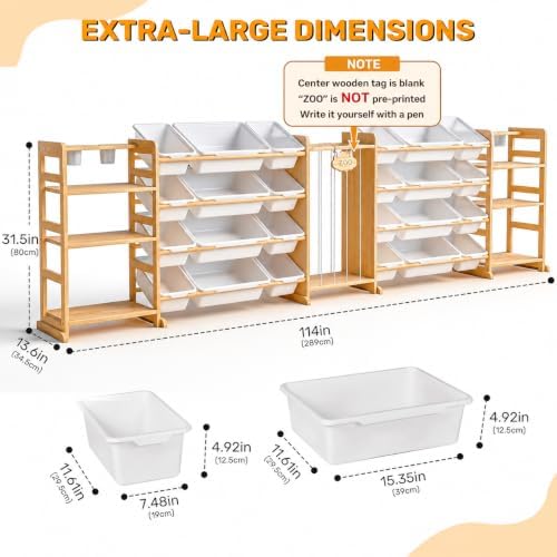 114" Large Toy Storage Organizer with Bins Shelves & Stuffed Animal Storage for Kids Wood Toddler Playroom Organization with Bookshelf Toys Box Wooden Organizers for Kids Room Nursery Bedroom - Image 2