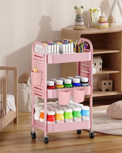 ALVOROG 3 Tier Metal Rolling Utility Cart with Pegboards,Baskets,Hooks,Pink - Image 6