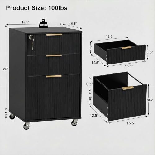 3 Drawers Fluted Mobile File Cabinet with Lock, Rolling File Cabinet Printer Stand Table, Under Desk Wooden Filing Cabinets for Home Office Essentials Storage Organization Furniture Letters/A4(Black) - Image 2