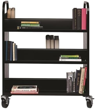 Hirsh Rolling Library or Home Office Double-Sided Sloped Shelves Book Cart with Lockable Wheels in Black - Image 4