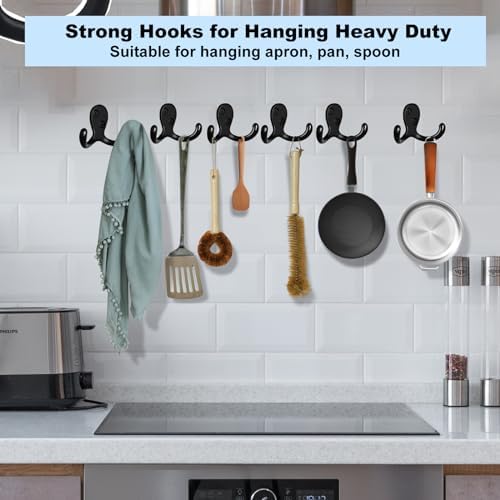 Kruodop 8 Pack Wall Hooks Wall Mounted Coat Hooks for Hanging Heavy Duty, Black Towel Hooks, Metal Double Coat Hanger with Screws Cup Retro for Coats, Handbags, Towels, Hat - Image 4