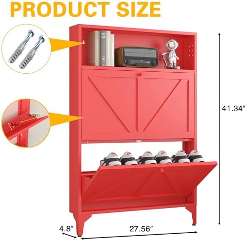 Shoe Cabinet with 2 Flip Drawers, Narrow Shoe Storage Cabinet, Farmhouse Shoe Organizer, Freestanding Organizer with Metal Legs for Entryway, Foyer (Red, 2 Door) - Image 3