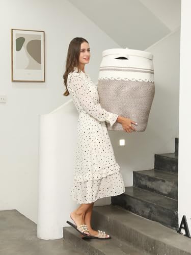 26"x20" Cottonphant Extra Large Tall Woven Laundry Basket with Lid, Cotton Rope Blanket Storage Basket, Freestanding Decorative Bin for Bedroom Living Room, Cream & Camel Marl - Image 2