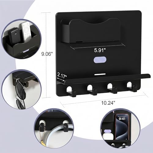 Bedside Shelf Wall Mount, Adhesive Bedside Shelf Accessories Organizer with Hooks and Cable Clips,Dorm Bedside Wall Storage for Phone, Remote, Earphone,Plastic (Black) - Image 3