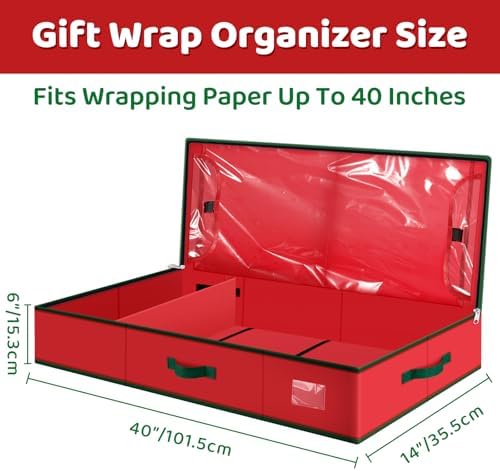 Fabspace Christmas Wrapping Paper Storage Containers, 40 Inch Gift Wrap Organizer, Visible Supplies Pockets for Xmas Accessories, Underbed Storage for Christmas Decorations, Red - Image 2