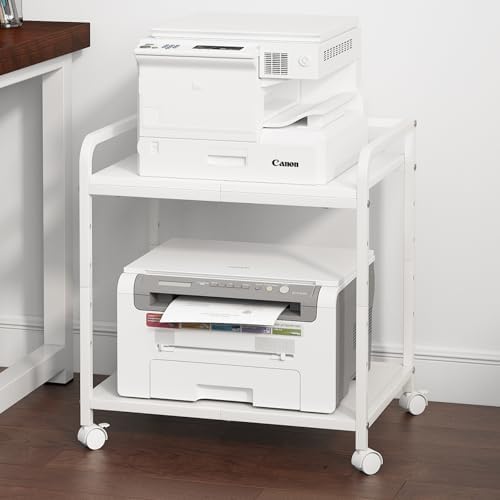 21"x15.8" Large Printer Stand with Storage, 2-Tier Under Desk Printer Table, Rolling Printer Cart with Lockable Wheels for Home, Office (White) by Unknown