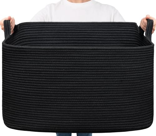 Goodpick 85L Large Woven Rope Blanket Basket, Rectangle, Black by Goodpick