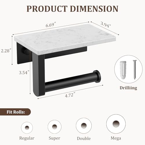 BWE Matte Black Toilet Paper Holder with Marble Shelf Wall Mounted - Image 3