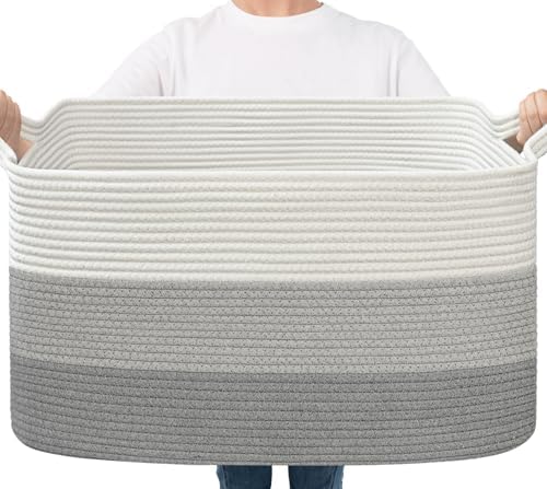 Goodpick Large Woven Rope Blanket Basket, Rectangle, Light Gray by Goodpick