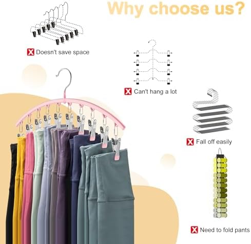 Legging Organizer for Closet, Metal Yoga Pants Hangers 2 Pack w/10 Clips Holds 20 Leggings, Space Saving Hanging Closet Organizer w/Rubber Coated Closet Organizers and Storage, Pink - Image 3
