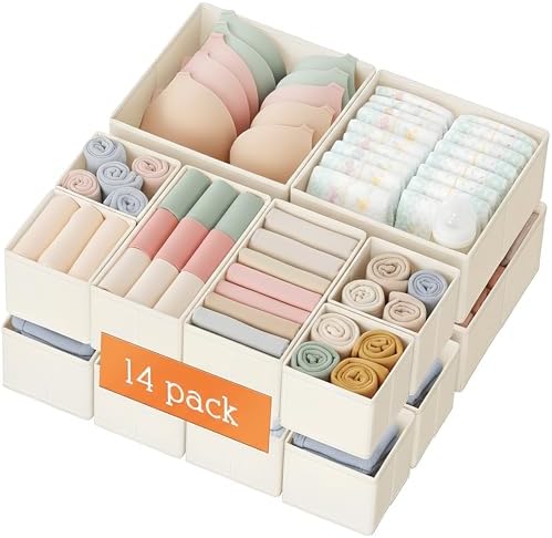 Criusia Drawer Organizer Clothes, 14 Pack Dresser Organizer for Baby Clothes, Underwear, Sock- Foldable Closet Organization and Storage Dividers Bins for Nursery, Bedroom and Dorm (Beige) by Criusia