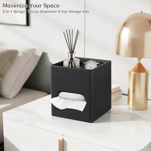 Tissue Box Cover with Storage Tray, PU Leather Square Tissue Box Holder - Image 7