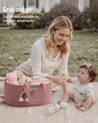 Blissful Diary Diaper Caddy Organizer, Woven Cotton Rope, Pink - Image 5