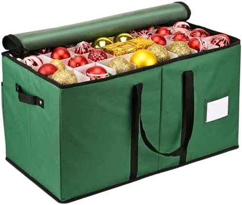 Christmas Ornament Storage Box, Mrrihand Xmas Decoration Organizer with Adjustable Dividers - Storage Container Keeps 128 Holiday Ornaments 3-Inch, Dual Zipper Closure, 600D Tear-Proof Material(Green) by Mrrihand