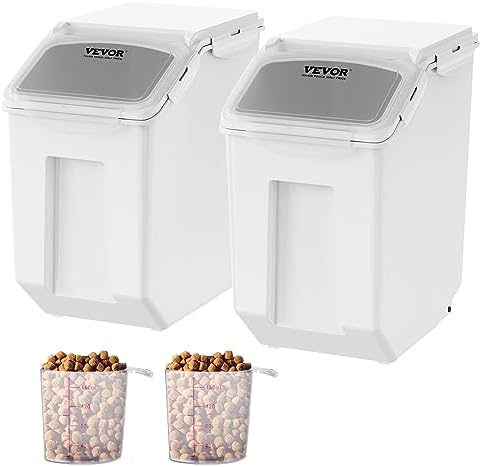 VEVOR Ingredient Storage Bin, 2 x 15L Dispenser Bin with 2 Measuring Cups, Attachable Casters and Airtight Lid, 2 Pcs/Set Dog Pet Food Storage Container, PP Material Kitchen Rice Cereal Flour Bin by VEVOR