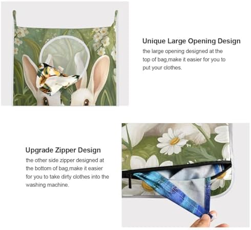 Green Easter Bunny Daisy Door Hanging Laundry Hamper Bag with Free Adjustable Stainless Steel Hooks Dirty Clothes Hamper Extra Large Over the Door Laundry Hamper 29.5X20inch 1 PCS - Image 4