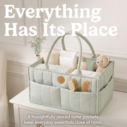 Baby Diaper Caddy Organizer - Portable Diaper Caddy with Handles & Removable Dividers - Large & Quilted Nursery Storage Basket - Changing Table Bag for Car - Baby Shower & Registry Gift - Sage Green - Image 3