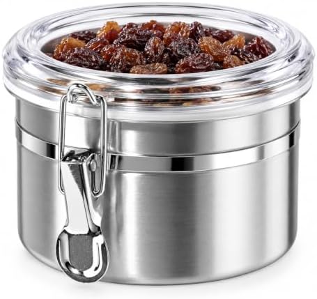 Oggi Stainless Steel Kitchen Canister 26 fl oz - Airtight Clamp Lid, Clear See-Thru Top - Ideal for Kitchen Storage, Food Storage, Pantry Storage. Size 5" x 3.5". by Unknown