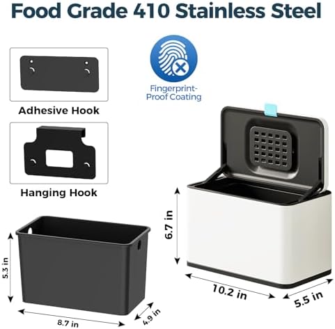 Stainless Steel Hanging Trash Can with Lid and Inner Bucket, 1 Gallon Kitchen Compost Bin for Counter Top, Under Sink or Wall Mount, Small Garbage Can for Cupboard/Bathroom/Bedroom/RV, White - Image 6