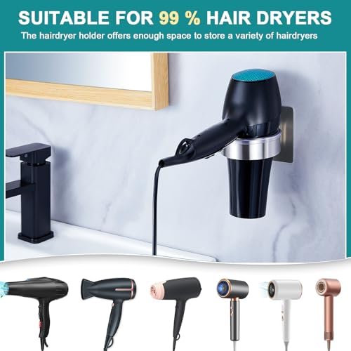 Hair Dryer Holder Wall Mount, Blow Dryer Holder Wall, Adhesive Hair Dryer Hanger, Blow Dryer Organizer, Hair Tools Organizer for Bathroom Salon Barber Shop Hotel (Silver) - Image 6